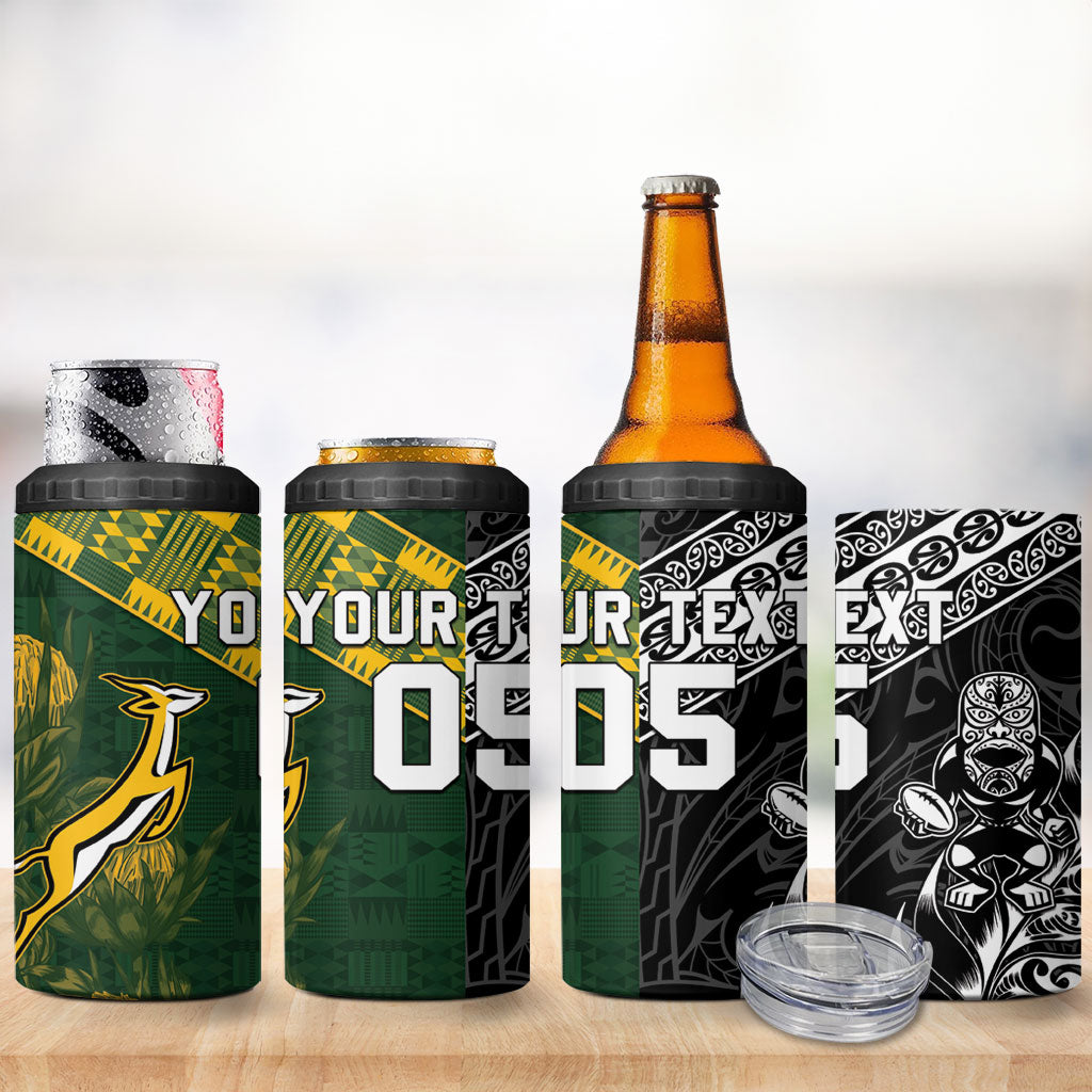 Custom Rugby New Zealand South Africa 4 in 1 Can Cooler Tumbler Maori Tiki Springboks Together