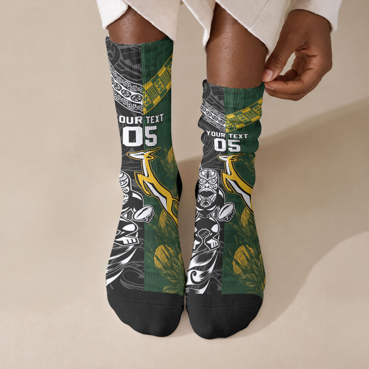 Custom Rugby New Zealand South Africa Crew Socks Maori Tiki Springboks Together
