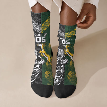 Custom Rugby New Zealand South Africa Crew Socks Maori Tiki Springboks Together