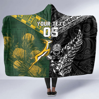 Custom Rugby New Zealand South Africa Hooded Blanket Maori Tiki Springboks Together