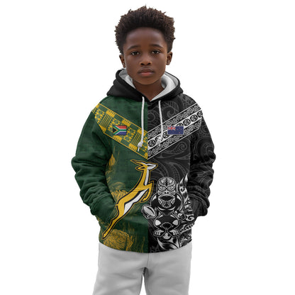 Custom Rugby New Zealand South Africa Kid Hoodie Maori Tiki Springboks Together