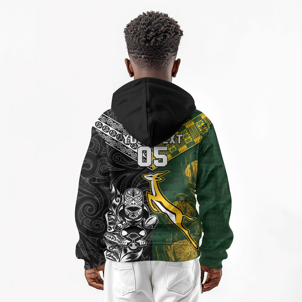 Custom Rugby New Zealand South Africa Kid Hoodie Maori Tiki Springboks Together