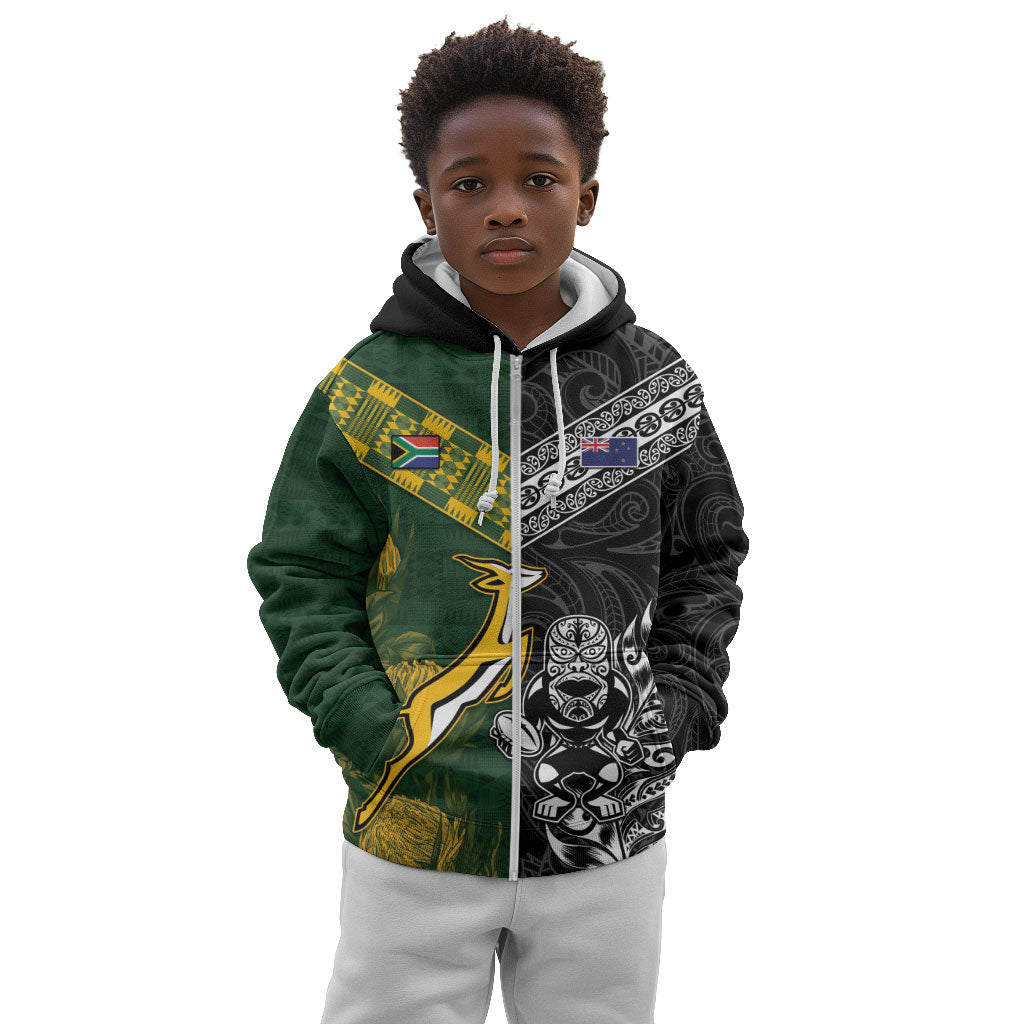 Custom Rugby New Zealand South Africa Kid Hoodie Maori Tiki Springboks Together
