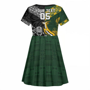 Custom Rugby New Zealand South Africa Kid Short Sleeve Dress Maori Tiki Springboks Together