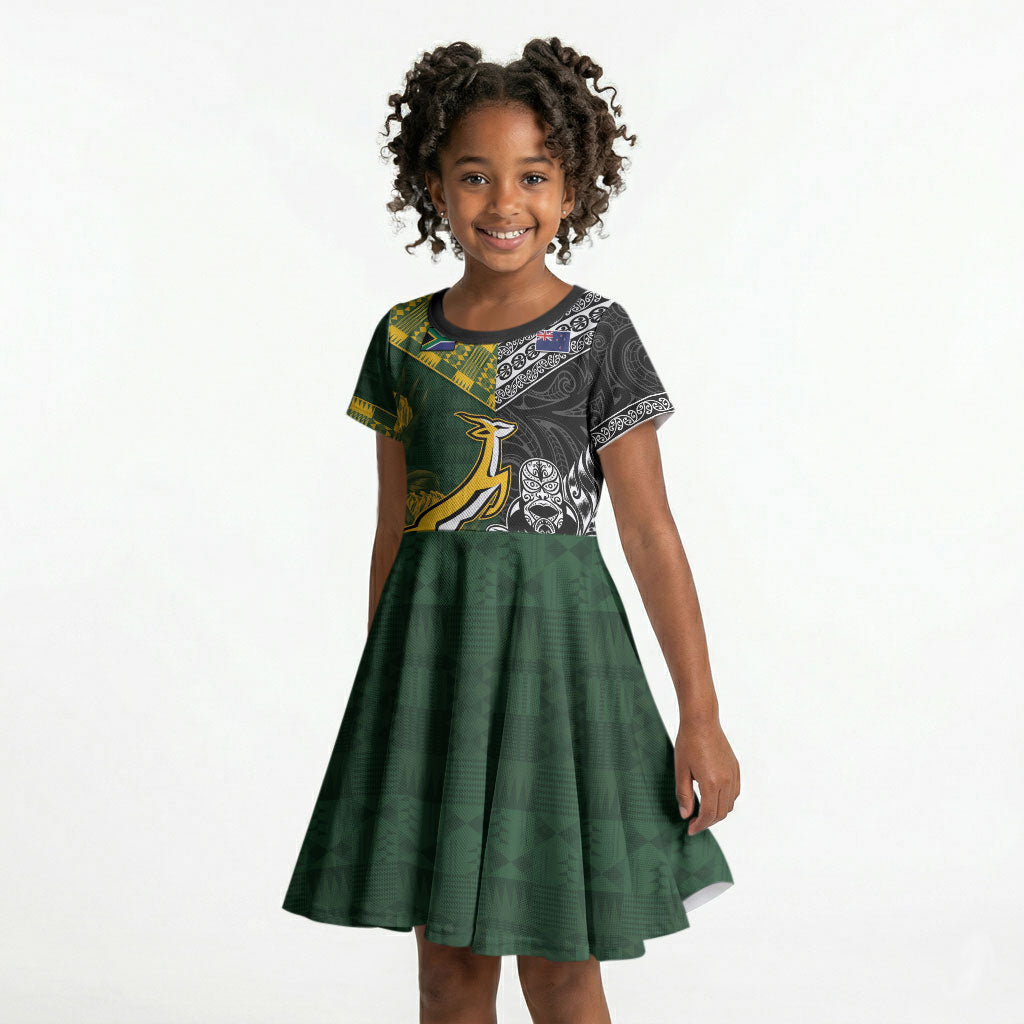 Custom Rugby New Zealand South Africa Kid Short Sleeve Dress Maori Tiki Springboks Together