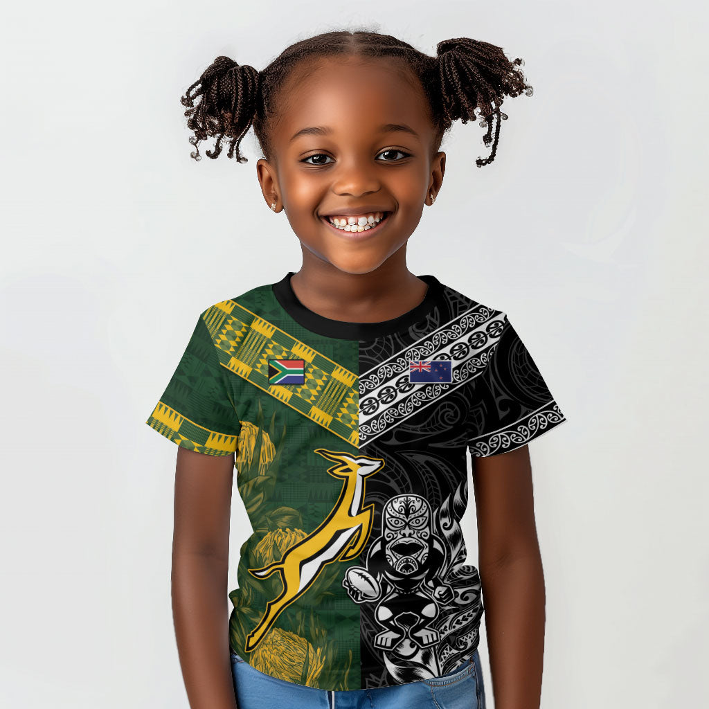 Custom Rugby New Zealand South Africa Kid T shirt Maori Tiki Springboks Together