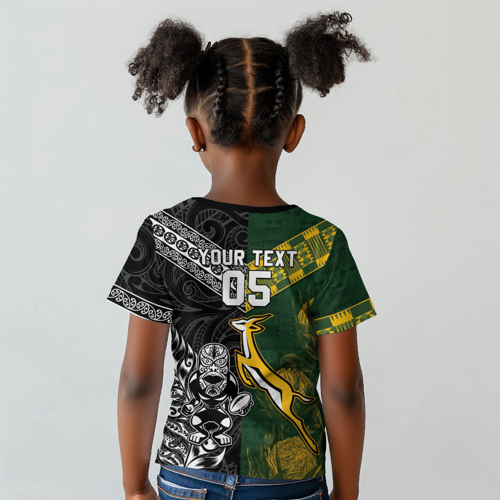 Custom Rugby New Zealand South Africa Kid T shirt Maori Tiki Springboks Together