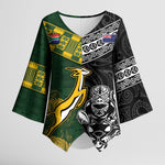 Custom Rugby New Zealand South Africa Kimono Sleeve Blouse Maori Tiki Springboks Together