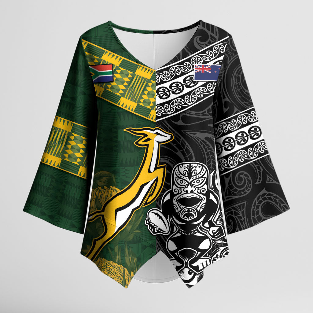 Custom Rugby New Zealand South Africa Kimono Sleeve Blouse Maori Tiki Springboks Together