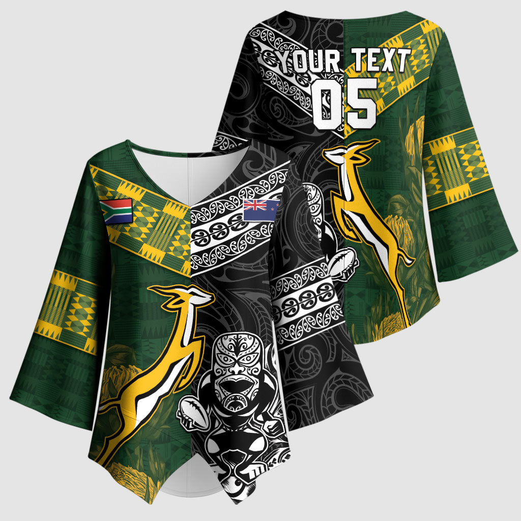 Custom Rugby New Zealand South Africa Kimono Sleeve Blouse Maori Tiki Springboks Together