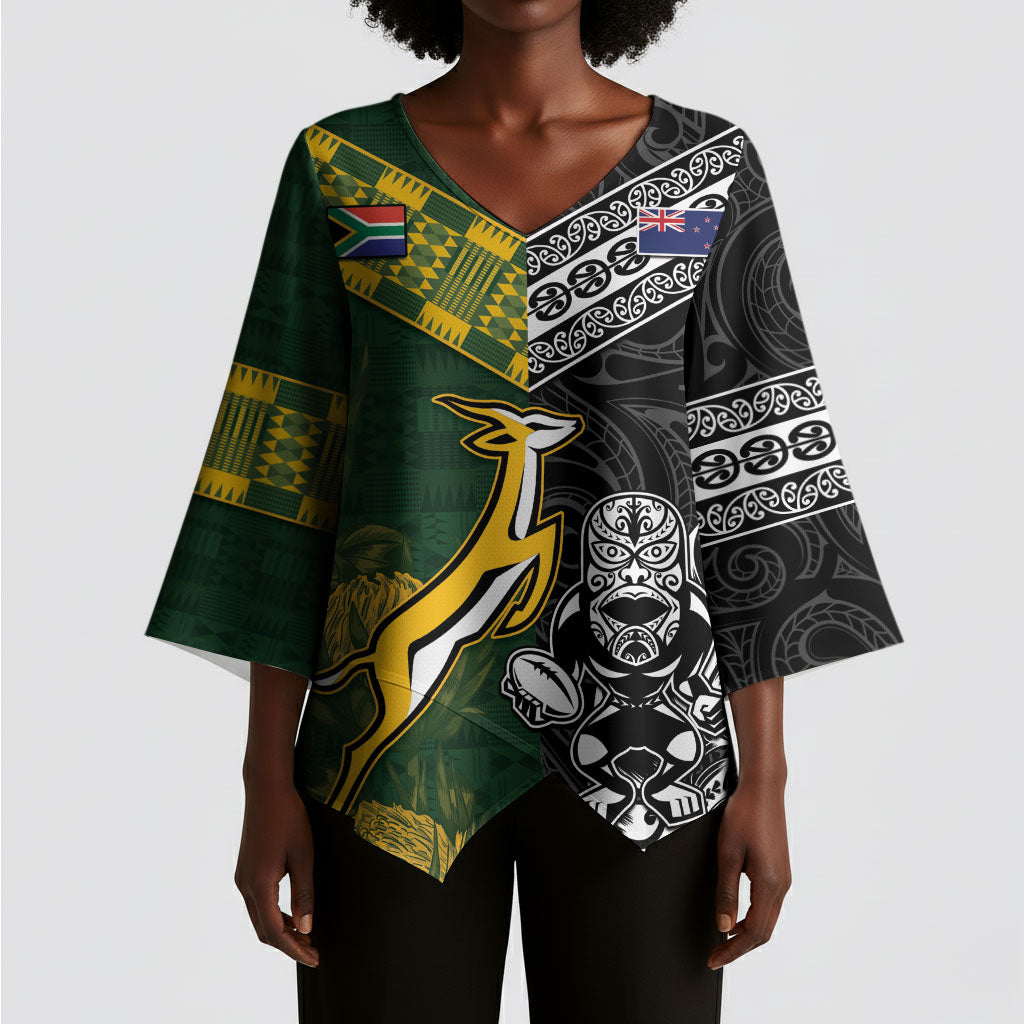 Custom Rugby New Zealand South Africa Kimono Sleeve Blouse Maori Tiki Springboks Together