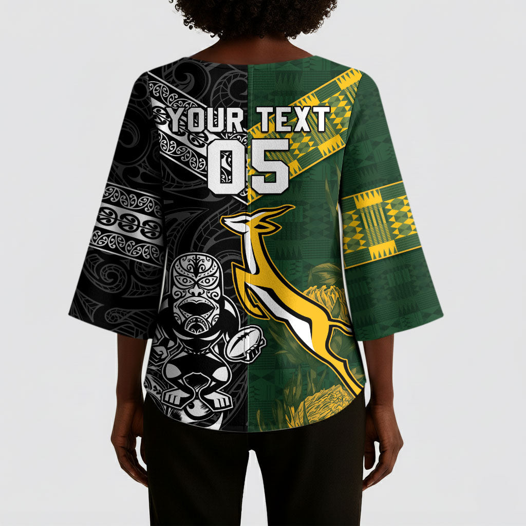Custom Rugby New Zealand South Africa Kimono Sleeve Blouse Maori Tiki Springboks Together