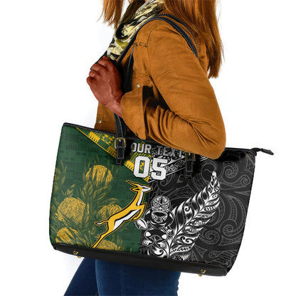 Custom Rugby New Zealand South Africa Leather Tote Bag Maori Tiki Springboks Together