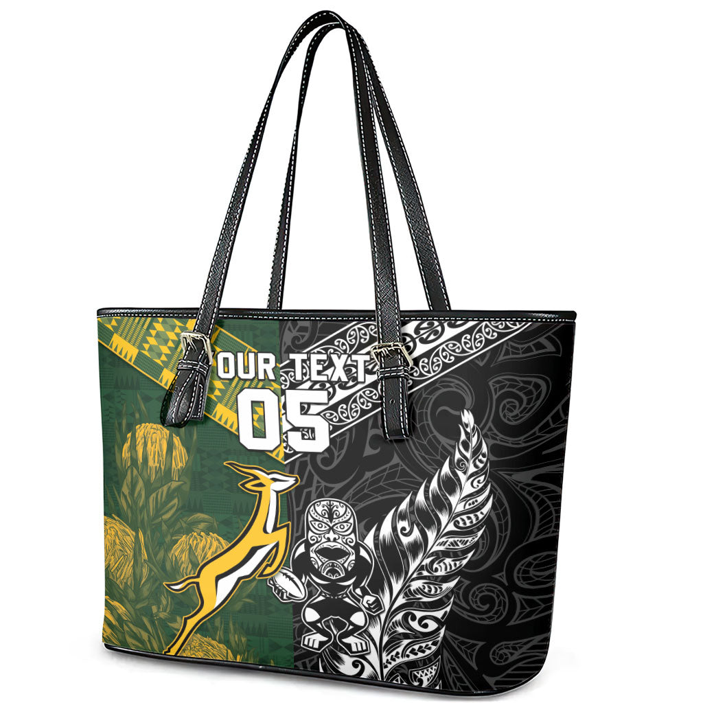 Custom Rugby New Zealand South Africa Leather Tote Bag Maori Tiki Springboks Together