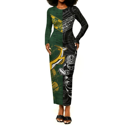 Custom Rugby New Zealand South Africa Long Sleeve Bodycon Dress Maori Tiki Springboks Together