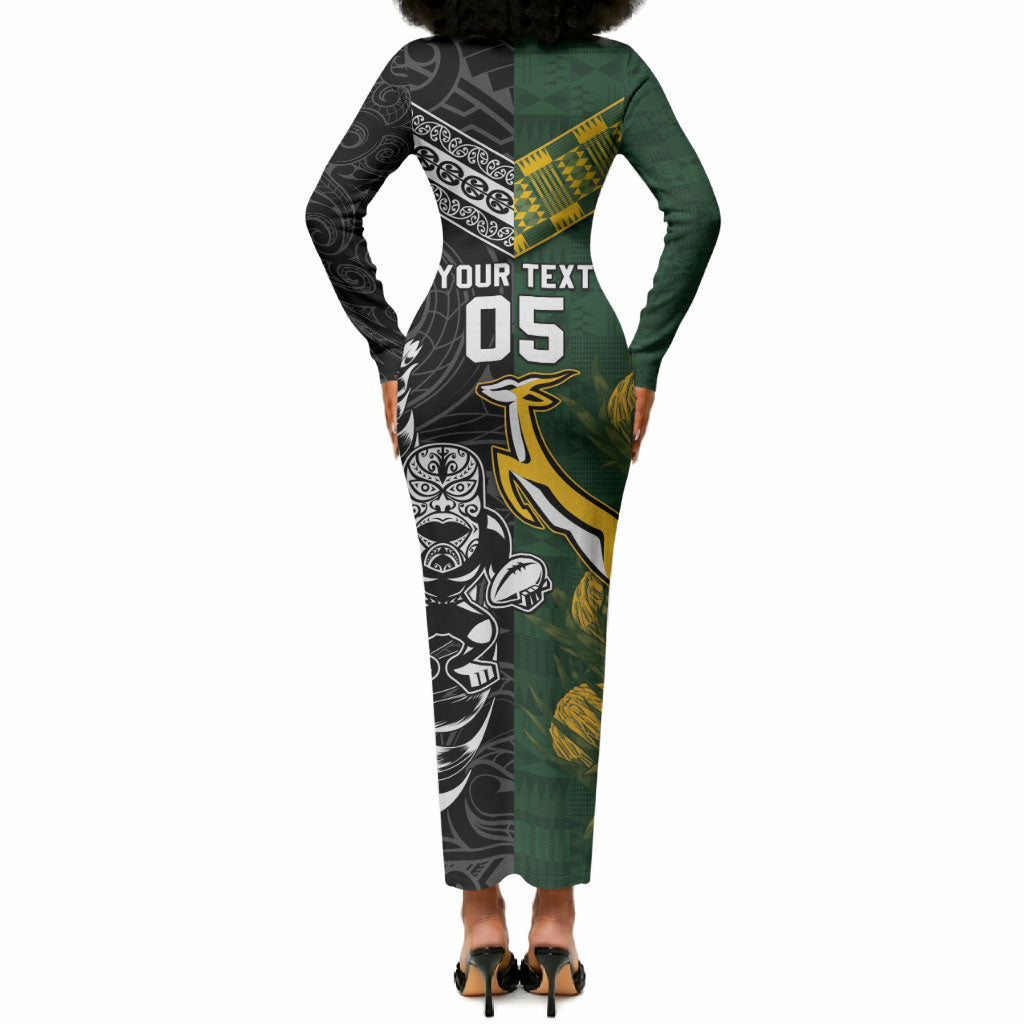 Custom Rugby New Zealand South Africa Long Sleeve Bodycon Dress Maori Tiki Springboks Together