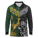 Custom Rugby New Zealand South Africa Long Sleeve Polo Shirt Maori Tiki Springboks Together