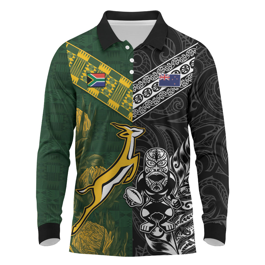 Custom Rugby New Zealand South Africa Long Sleeve Polo Shirt Maori Tiki Springboks Together