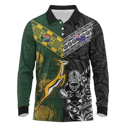 Custom Rugby New Zealand South Africa Long Sleeve Polo Shirt Maori Tiki Springboks Together