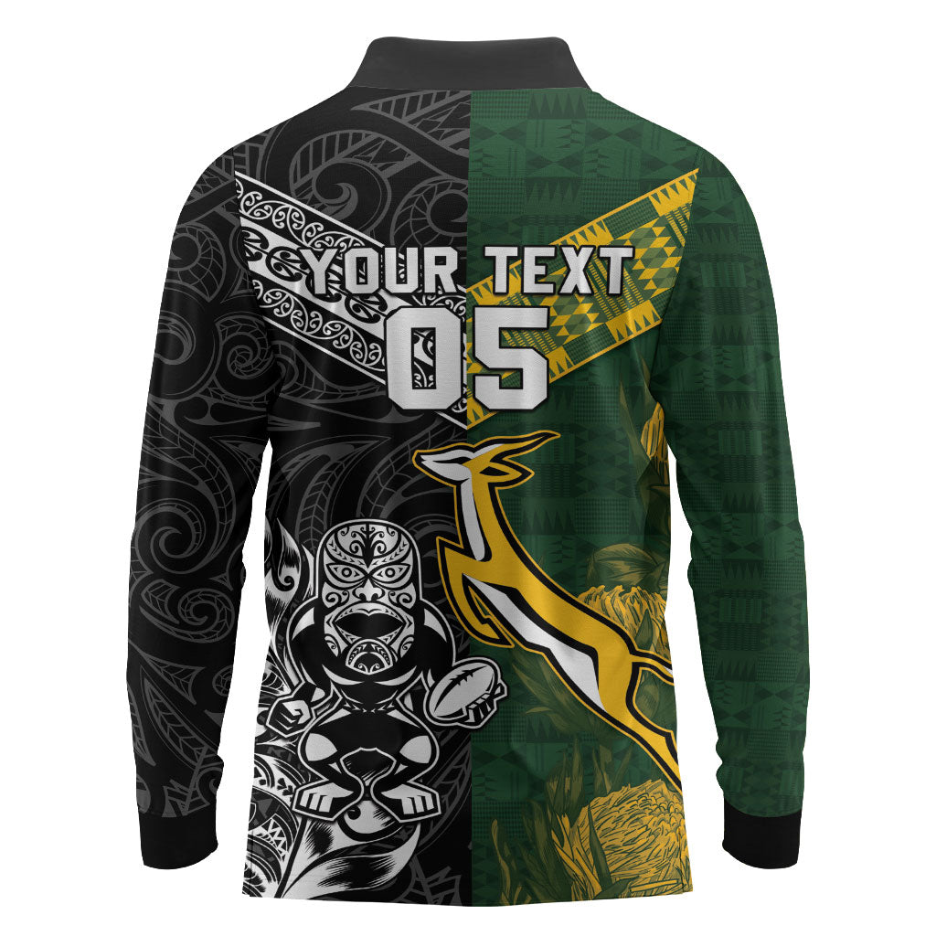 Custom Rugby New Zealand South Africa Long Sleeve Polo Shirt Maori Tiki Springboks Together
