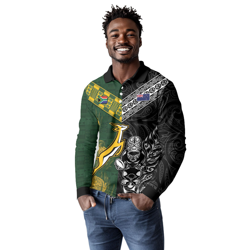 Custom Rugby New Zealand South Africa Long Sleeve Polo Shirt Maori Tiki Springboks Together