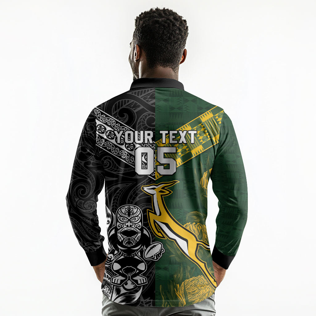 Custom Rugby New Zealand South Africa Long Sleeve Polo Shirt Maori Tiki Springboks Together