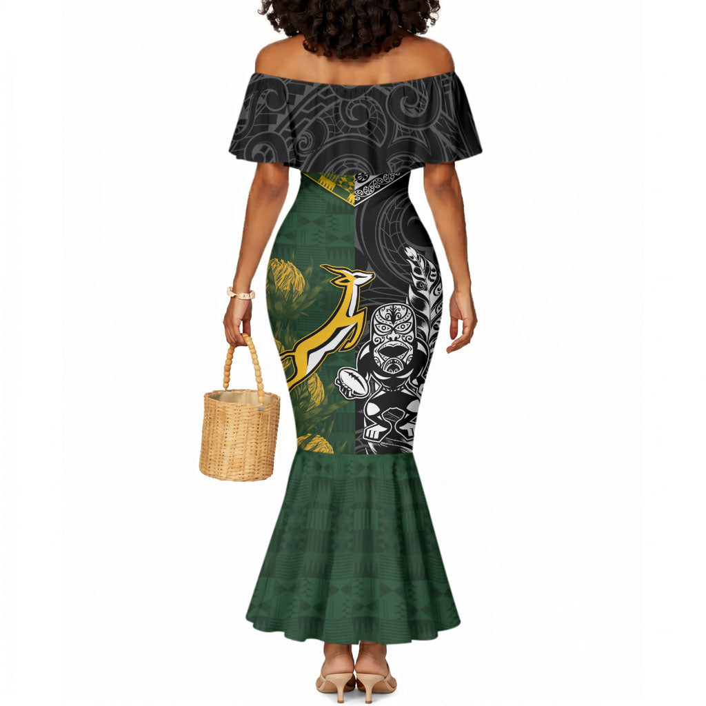 Custom Rugby New Zealand South Africa Mermaid Dress Maori Tiki Springboks Together