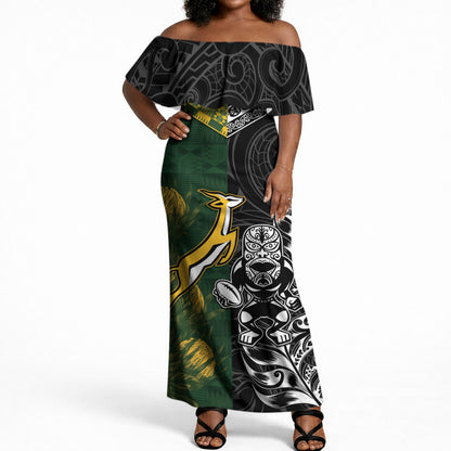 Custom Rugby New Zealand South Africa Off Shoulder Maxi Dress Maori Tiki Springboks Together