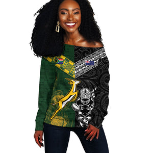 Custom Rugby New Zealand South Africa Off Shoulder Sweater Maori Tiki Springboks Together