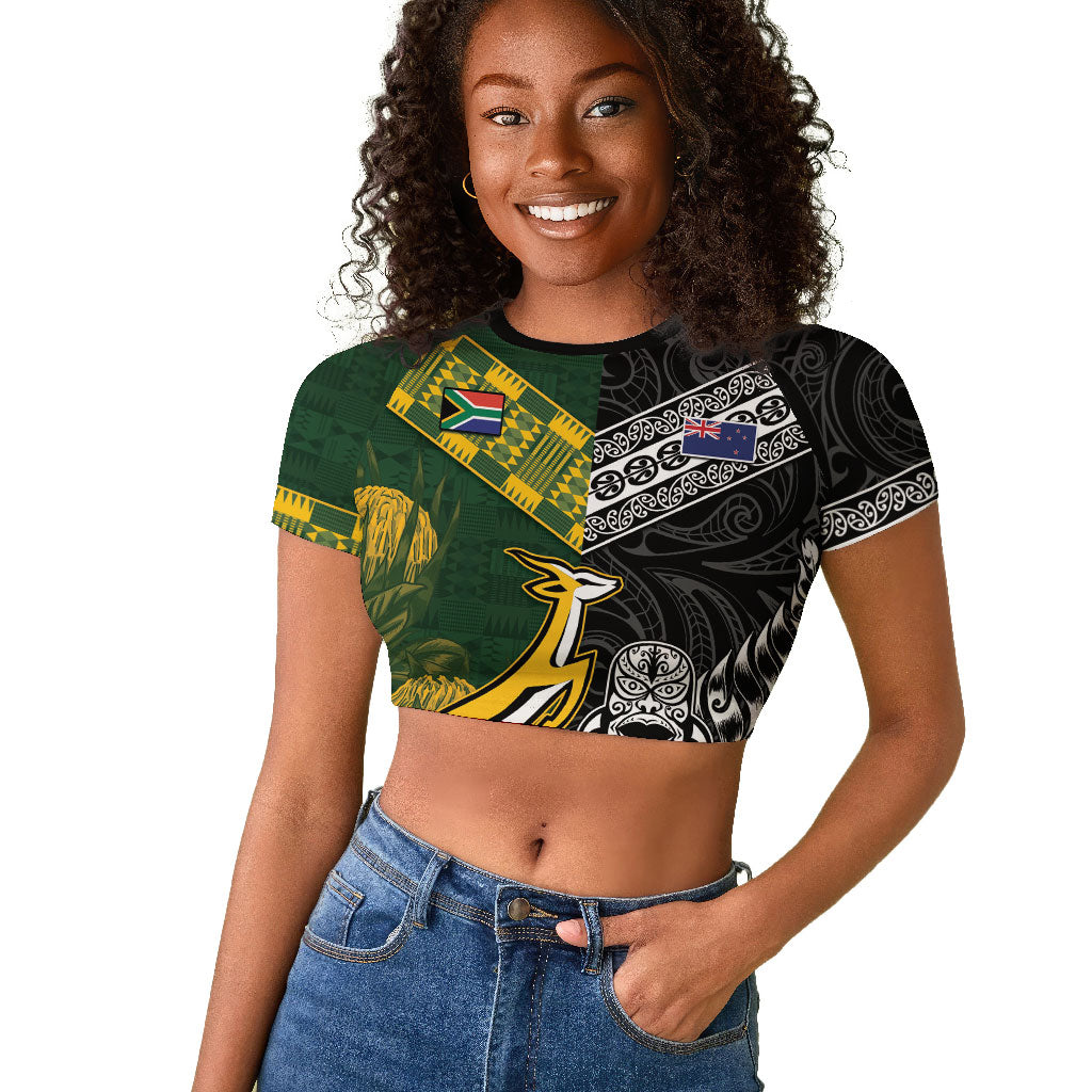 Custom Rugby New Zealand South Africa Raglan Cropped T shirt Maori Tiki Springboks Together