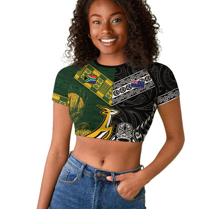 Custom Rugby New Zealand South Africa Raglan Cropped T shirt Maori Tiki Springboks Together