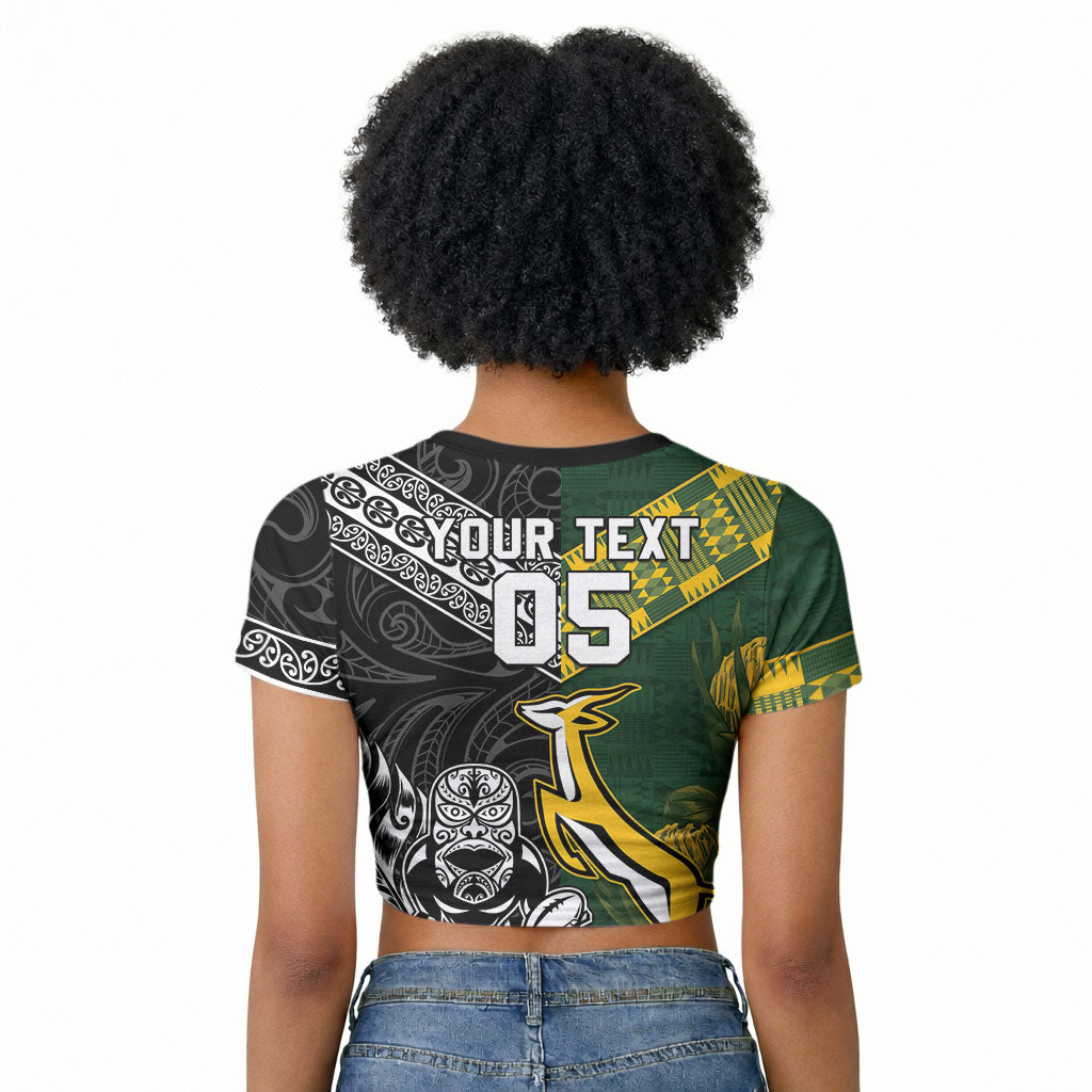 Custom Rugby New Zealand South Africa Raglan Cropped T shirt Maori Tiki Springboks Together