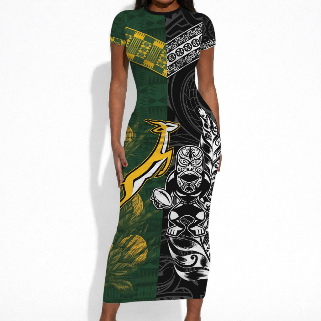 Custom Rugby New Zealand South Africa Short Sleeve Bodycon Dress Maori Tiki Springboks Together