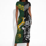 Custom Rugby New Zealand South Africa Short Sleeve Bodycon Dress Maori Tiki Springboks Together