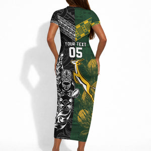 Custom Rugby New Zealand South Africa Short Sleeve Bodycon Dress Maori Tiki Springboks Together