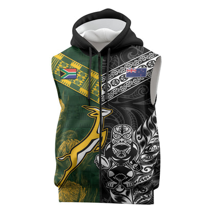 Custom Rugby New Zealand South Africa Sleeveless Zip Hoodie Maori Tiki Springboks Together