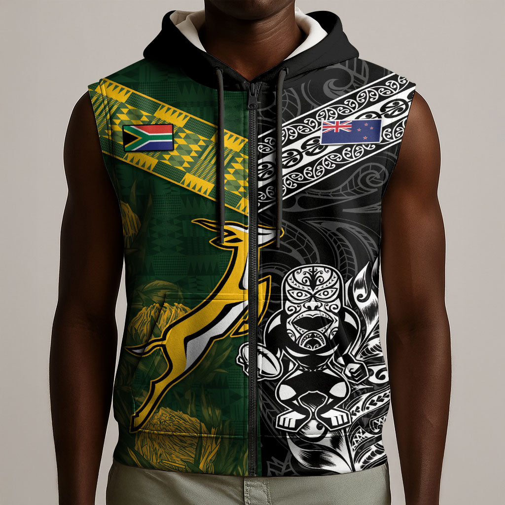 Custom Rugby New Zealand South Africa Sleeveless Zip Hoodie Maori Tiki Springboks Together