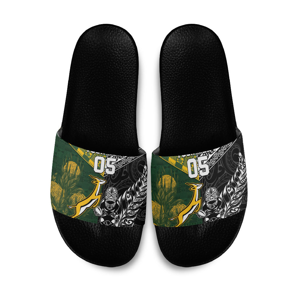 Custom Rugby New Zealand South Africa Slide Sandals Maori Tiki Springboks Together