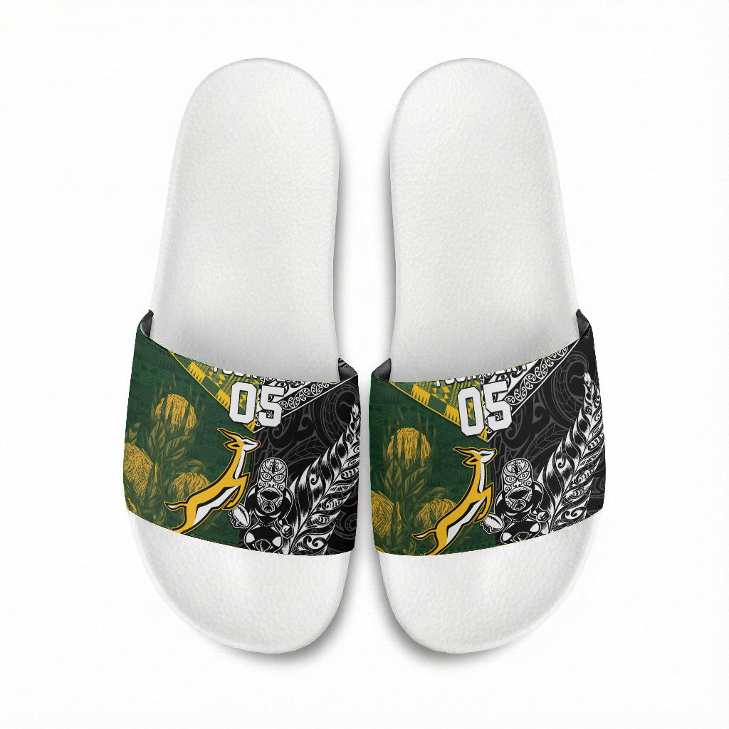 Custom Rugby New Zealand South Africa Slide Sandals Maori Tiki Springboks Together