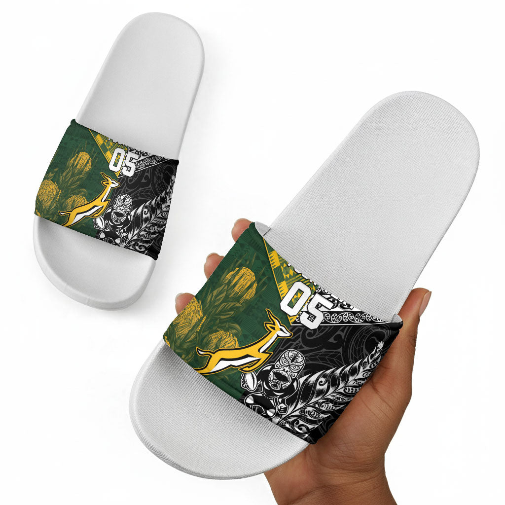 Custom Rugby New Zealand South Africa Slide Sandals Maori Tiki Springboks Together