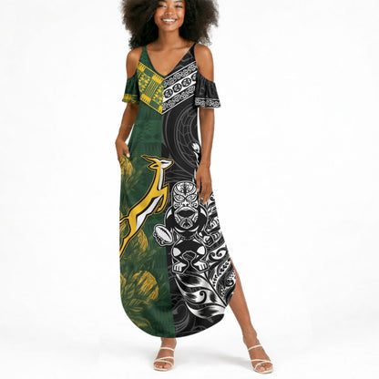 Custom Rugby New Zealand South Africa Summer Maxi Dress Maori Tiki Springboks Together