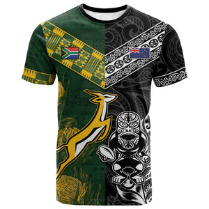 Custom Rugby New Zealand South Africa T shirt Maori Tiki Springboks Together