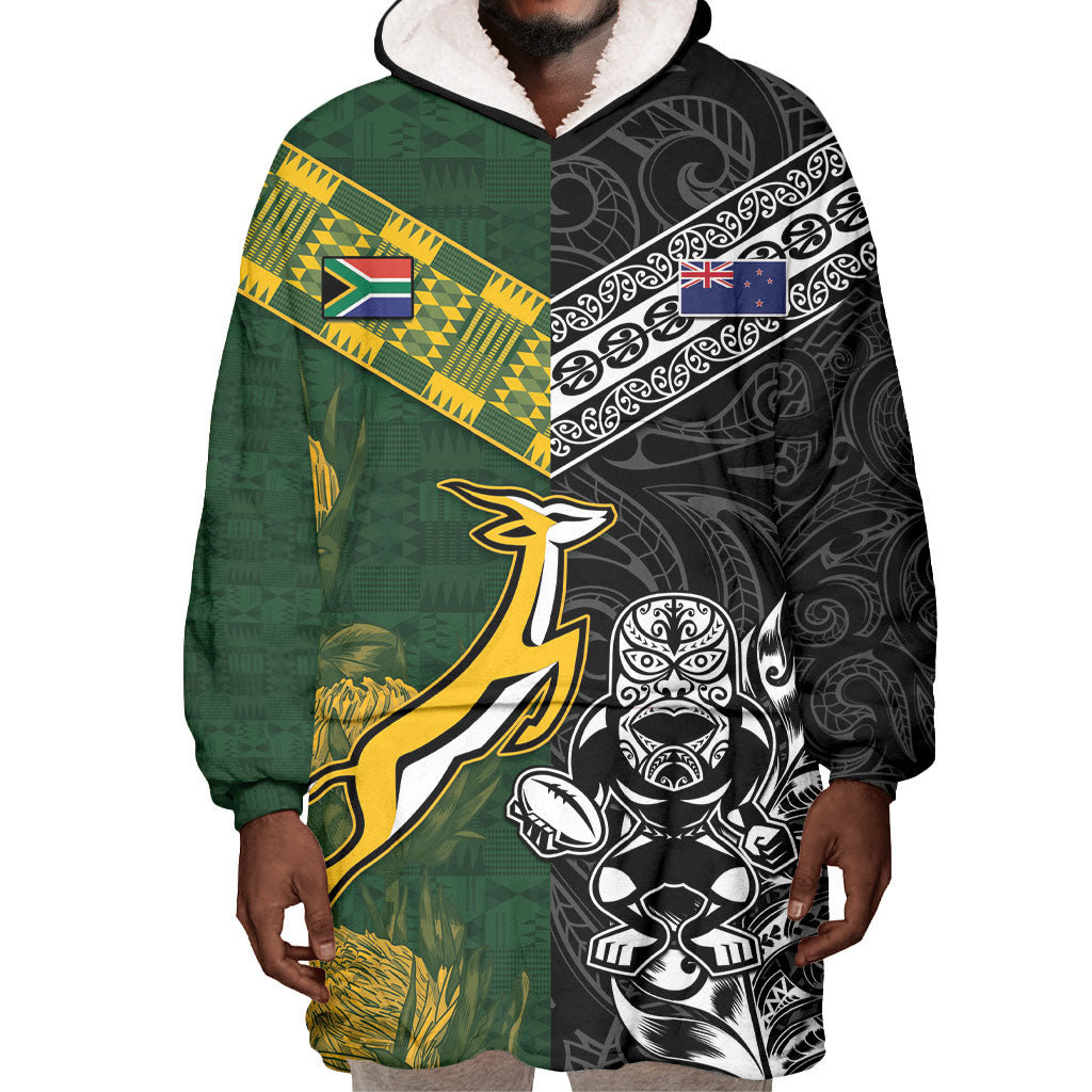 Custom Rugby New Zealand South Africa Wearable Blanket Hoodie Maori Tiki Springboks Together