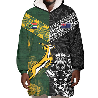 Custom Rugby New Zealand South Africa Wearable Blanket Hoodie Maori Tiki Springboks Together