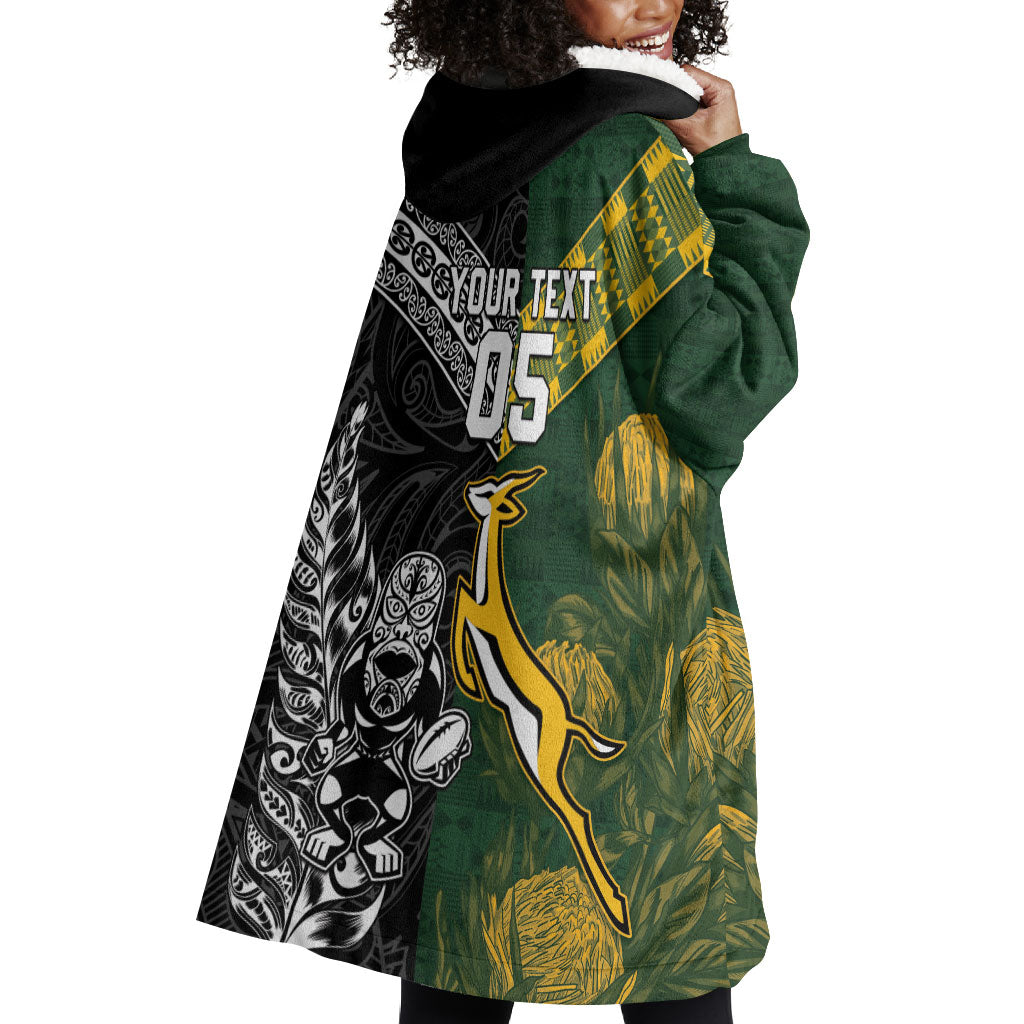 Custom Rugby New Zealand South Africa Wearable Blanket Hoodie Maori Tiki Springboks Together