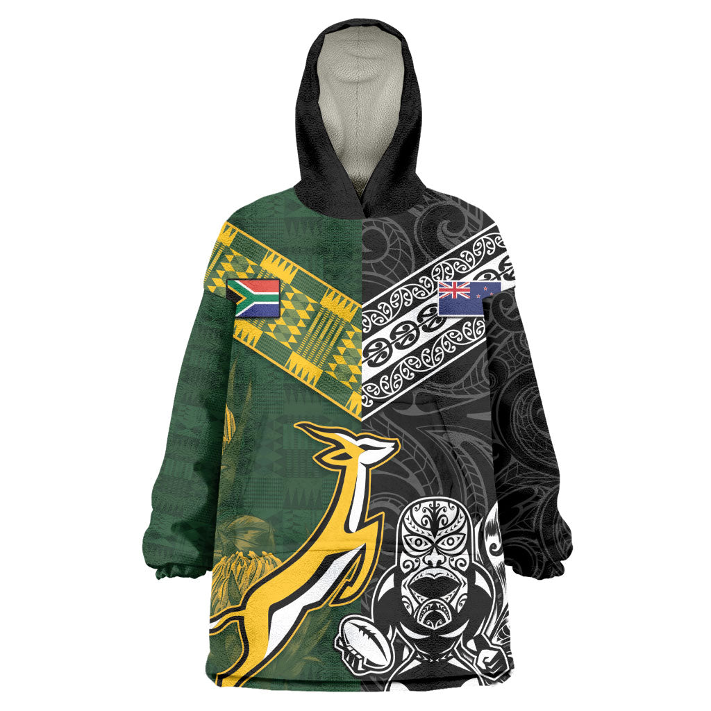 Custom Rugby New Zealand South Africa Wearable Blanket Hoodie Maori Tiki Springboks Together
