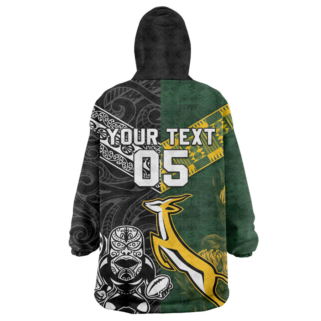 Custom Rugby New Zealand South Africa Wearable Blanket Hoodie Maori Tiki Springboks Together