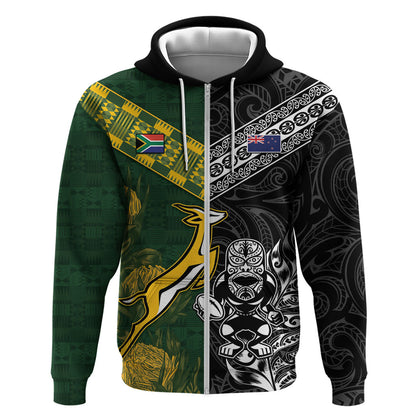 Custom Rugby New Zealand South Africa Zip Hoodie Maori Tiki Springboks Together