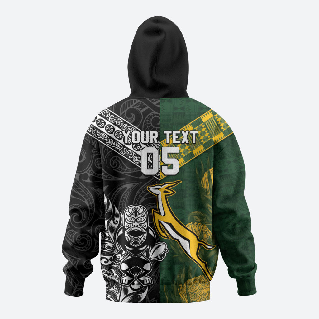 Custom Rugby New Zealand South Africa Zip Hoodie Maori Tiki Springboks Together