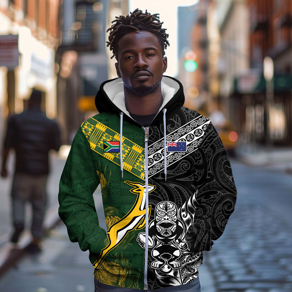 Custom Rugby New Zealand South Africa Zip Hoodie Maori Tiki Springboks Together